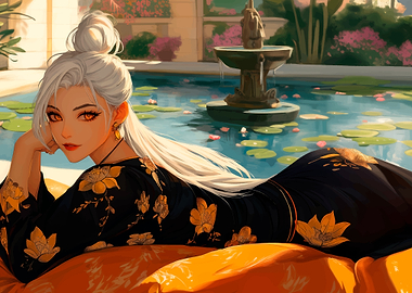 Anime woman by a fountain