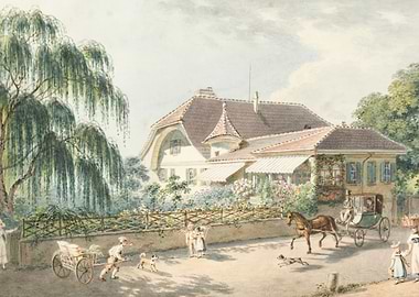 Horse-drawn carriage outside a house