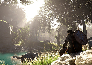 Viking warrior by a serene lake