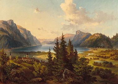 Alpine Lake Village Landscape Painting