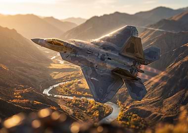 F-22 Raptor flying over mountains