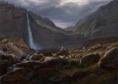 Mountain Waterfall with Sheep and Shepherd