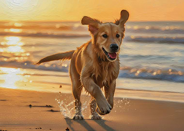 Golden Retriever Running on Beach at Sunset