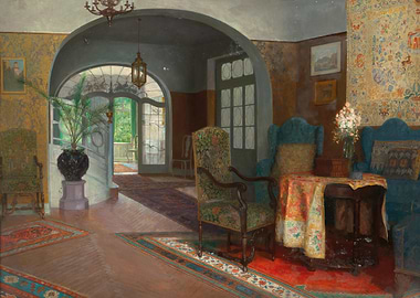 Interior scene with archway and furniture