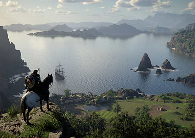 Adventurer on Horseback Overlooking a Coastal Village