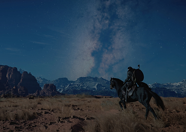 Warrior on horseback under starry sky