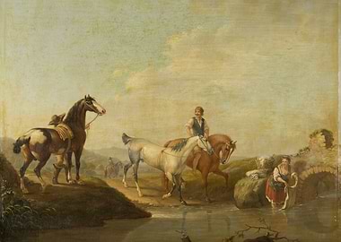 Rural scene with horses and people