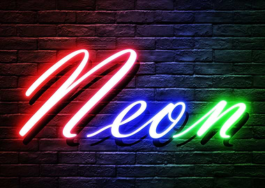 Neon sign - red blue green white on a dark brick wall background
