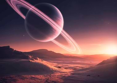 Alien Planet Landscape with Saturn-like Planet