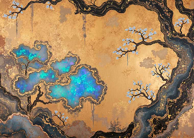 Abstract Japanese Tree and Water Painting