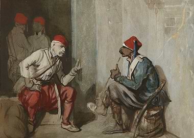 Two soldiers in red fezzes talking