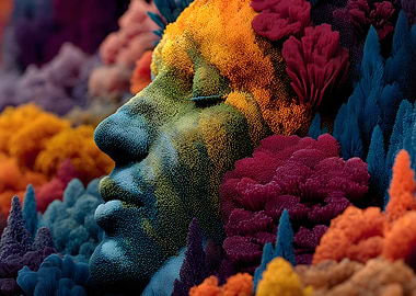 Abstract Face Sculpture in Colorful Nature