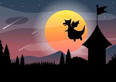 Dragon flying in front of a large moon