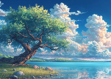 Serene Lakeside Tree and Clouds