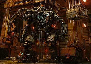 Giant Mech in Industrial Hangar