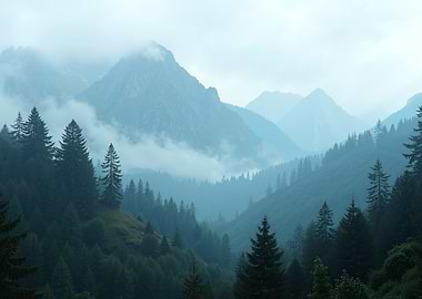 Misty Mountain Valley with Pine Trees