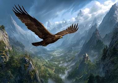 Eagle soaring over misty mountains