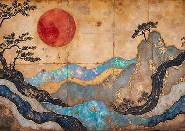 Japanese Landscape with Sun and River