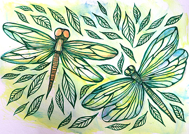 Dragonflies and Leaves Watercolor Painting