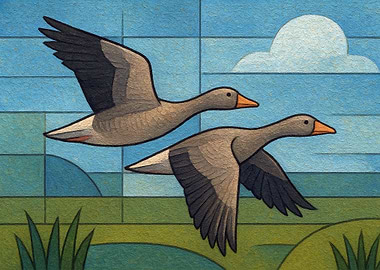 Two Geese Flying in a Stylized Landscape