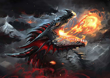 Dragon breathing fire in a storm