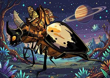 Astronaut Riding a Giant Beetle in Space