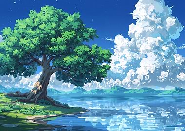 Tranquil Lakeside Scene with Large Tree