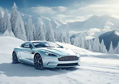 Luxury car in snowy mountains