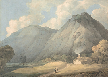 Watercolor Landscape of Mountains and Cottage