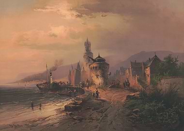 Riverfront Town with Steamboat and Castle