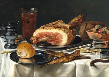 Still Life with Roasted Ham and Fish