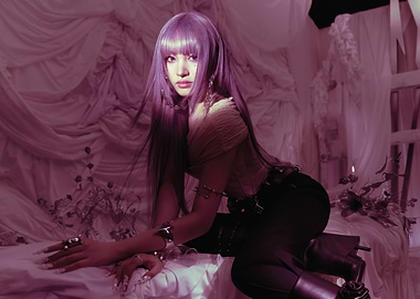 Woman with purple hair in gothic attire IVE