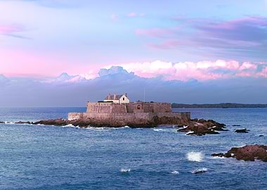 Fortress on a rocky island at sunset