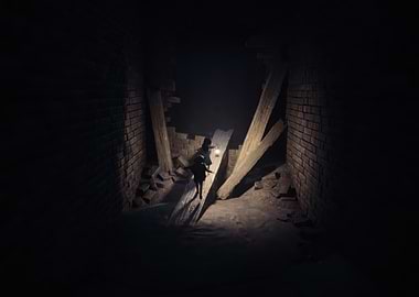Two figures in a dark, ruined brick structure reanimal