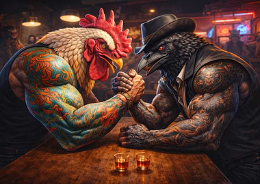 Tattooed Rooster and Crow Arm Wrestling