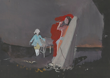 Surreal scene with figures and snake