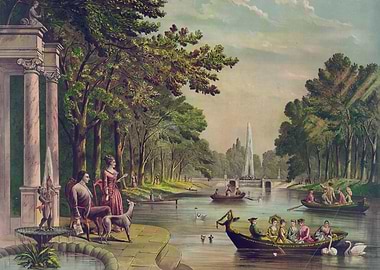 People Boating in a Park with Fountain