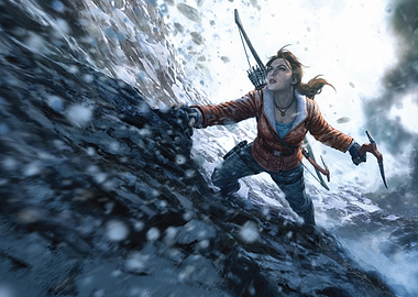 Lara Croft climbing a snowy mountain