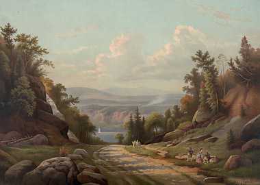 Scenic Landscape with Waterfall and Figures