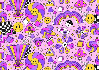 Psychedelic Retro Pattern with Smiley Faces and Mushrooms