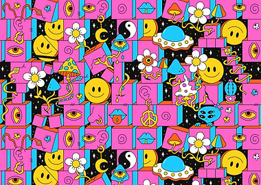 Psychedelic Retro Pattern with Smiley Faces and Eyes