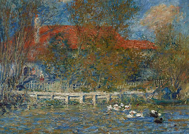 Impressionist painting of a bridge over water