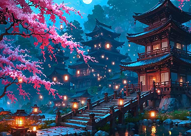 Enchanting Japanese Garden at Night