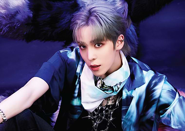 ateez K-Pop Idol with Blue and White Tie-Dye Jacket