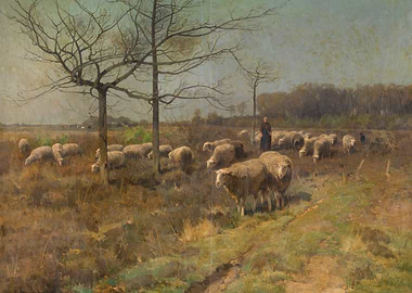 Shepherd with Flock in a Barren Landscape