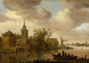 Dutch River Landscape with Church and Boats