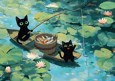 Cats Fishing in a Lotus Pond