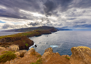 Dramatic Coastal Landscape with Wind Turbines, Madeira