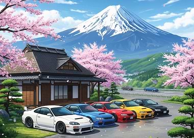 JDM Japanese Scene with Sports Cars and Mount Fuji
