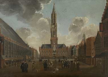 City Square with Tall Tower and People